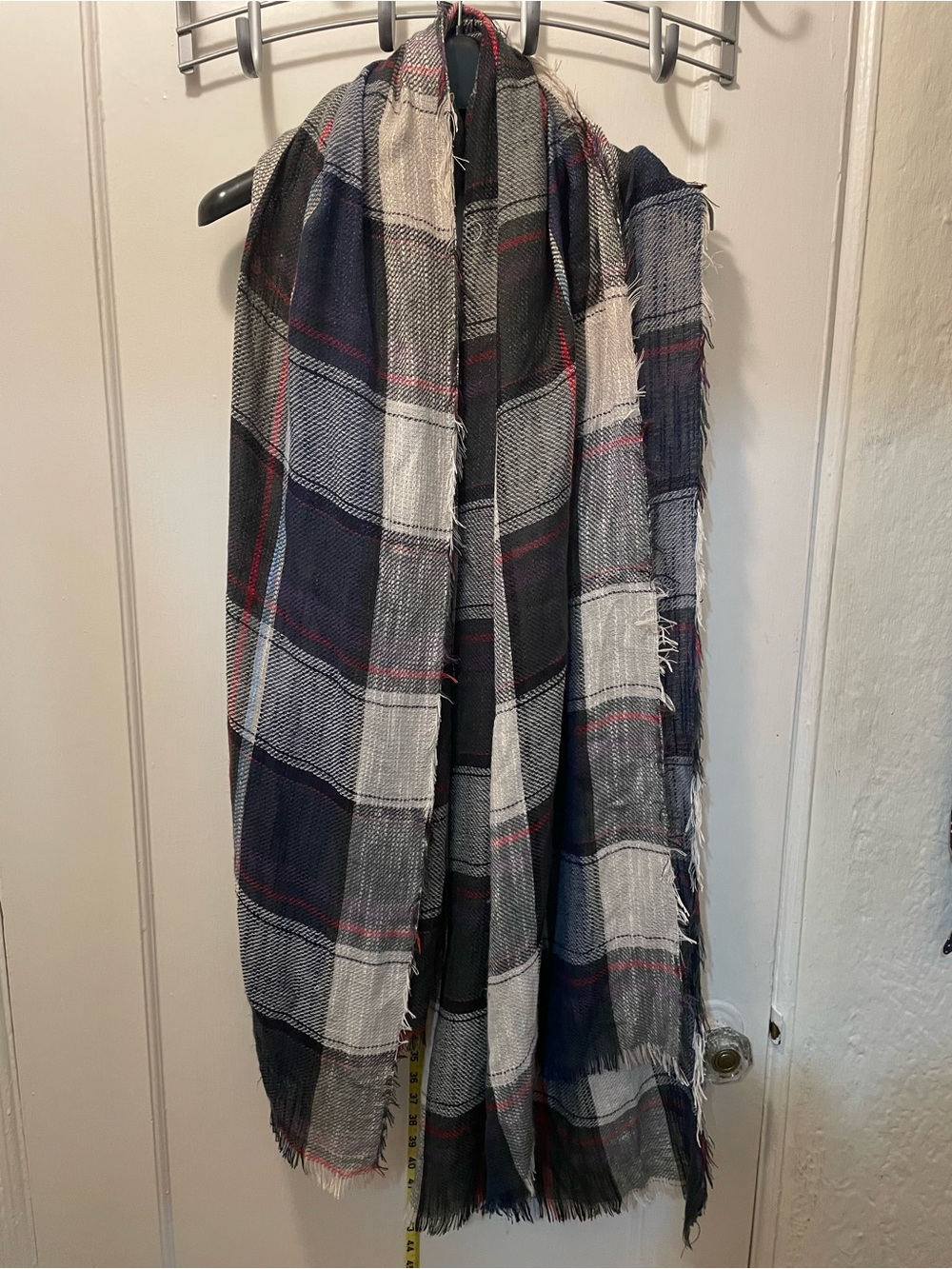 Steve Madden Plaid Frayed Edge Scarf in Navy, White, Black